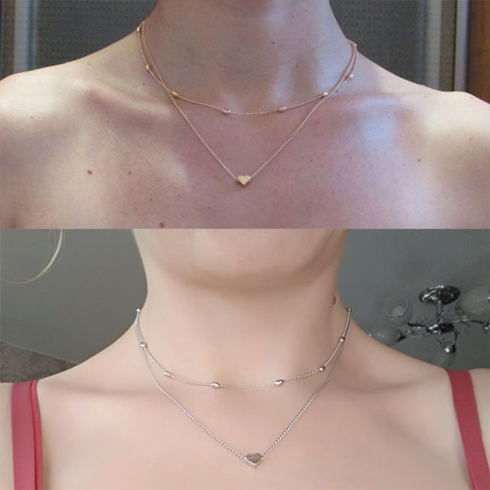 2 Layer Heart Chain Necklace Choker Silver Color - Picture 2 of 2